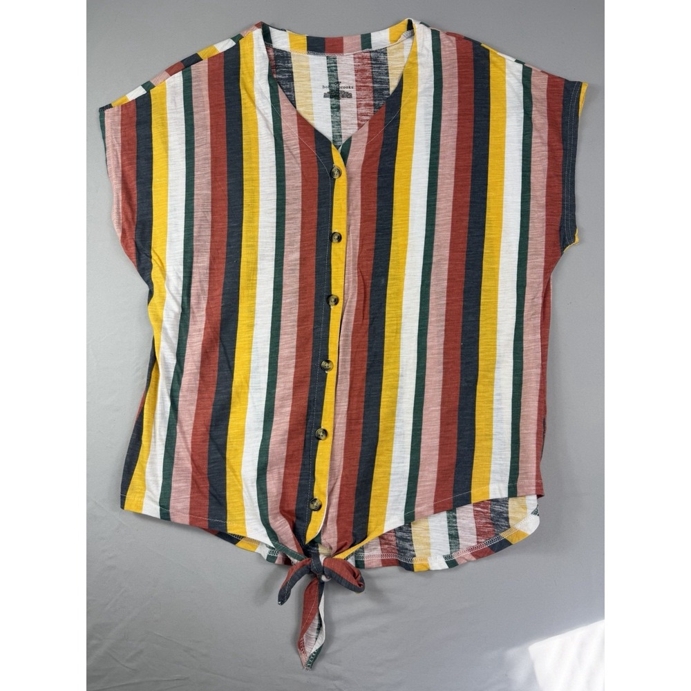 Bobbie Brooks vertical Striped v-neck button tie up ss shirt, women's 2X